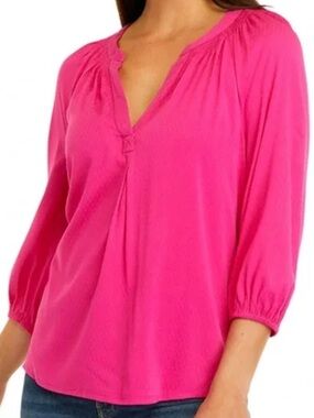 crown & ivy Vibrant Fuchsia Satin Blouse with Gathered Neckline